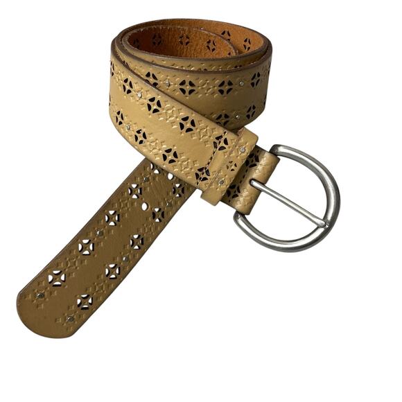 Fossil Accessories - Fossil Leather Belt Womens Medium Tan Boho Cut Out Studded Silver Buckle 1.5in